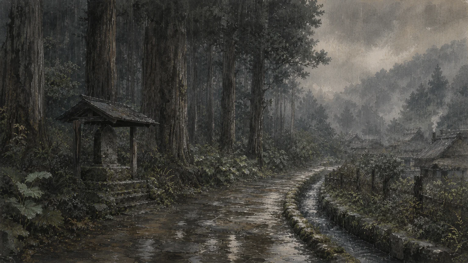 An old stone road curves through rain-soaked cedar woods towards a distant village.