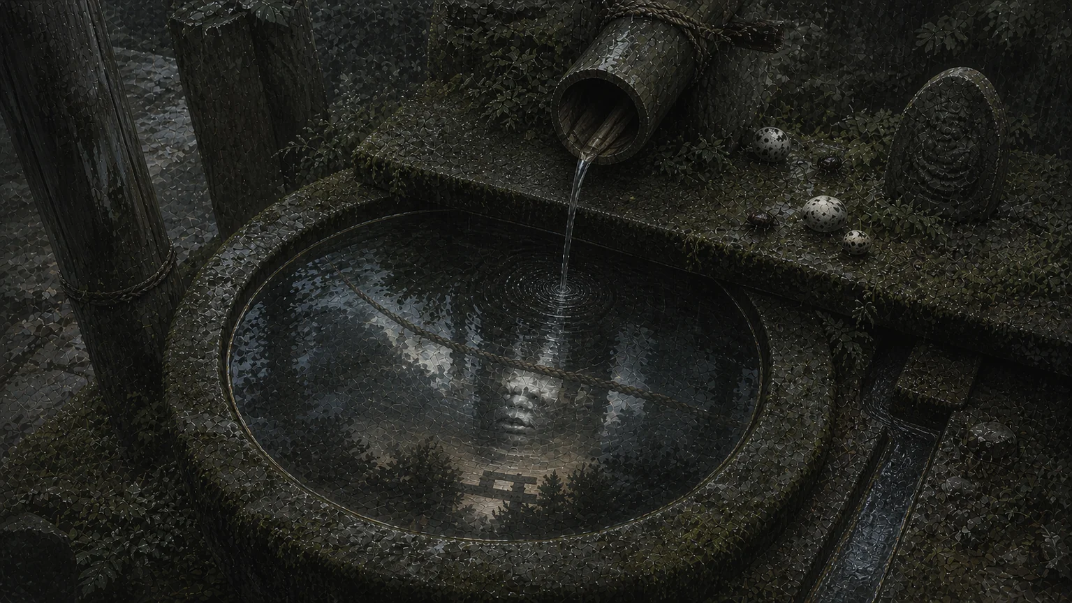 Rainwater ripples in a stone basin beside a small spirit and speckled eggs.