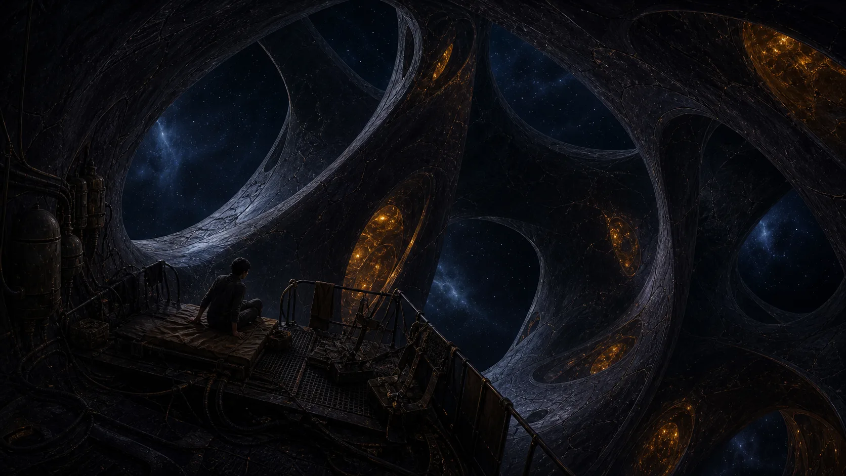 A lone traveller wakes inside the dark, luminous interior of a living ship.