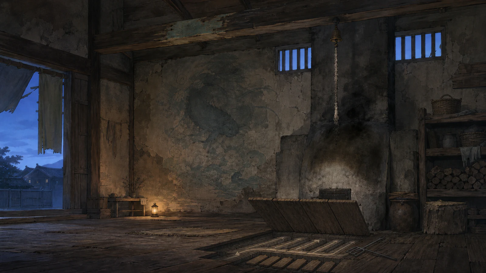 An opened wooden floor reveals a hidden chamber inside the village shrine.