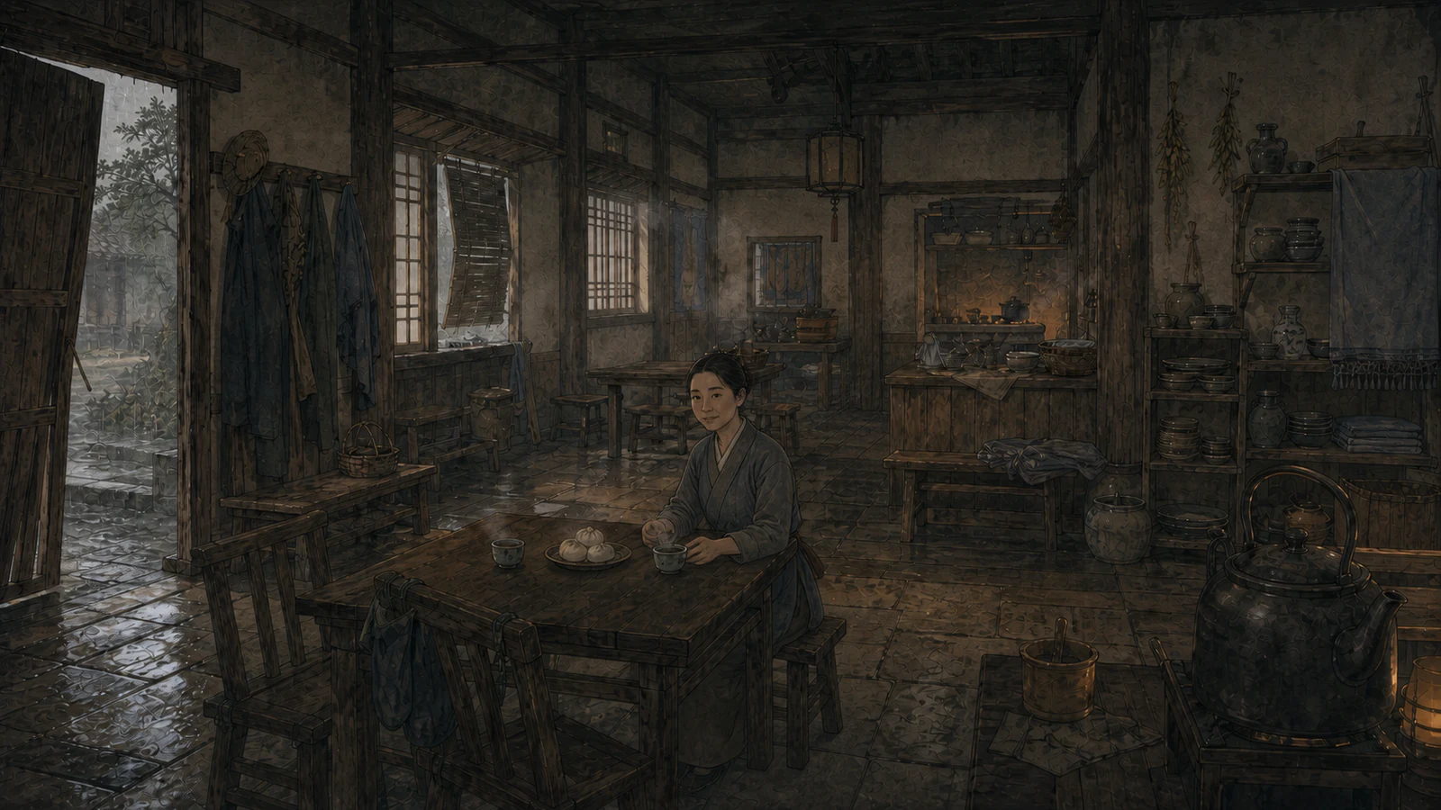 A woman waits with tea inside a quiet wooden inn on a rainy day.