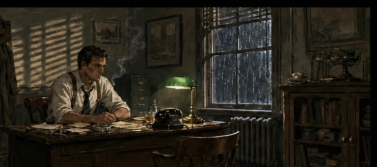 Jack sits alone at his desk while rain crosses the office window.