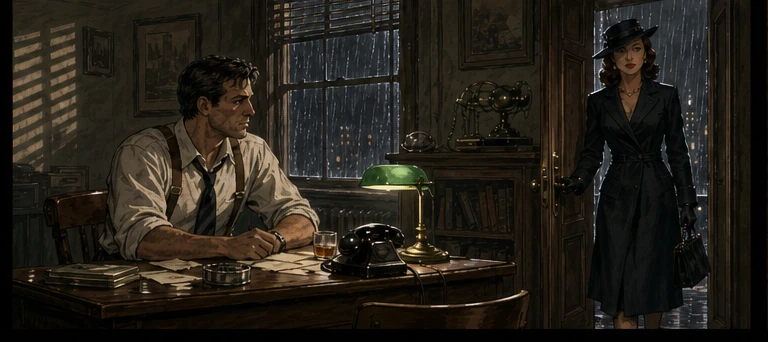 A poised woman stands in the rain-dark office doorway while Jack turns toward her.