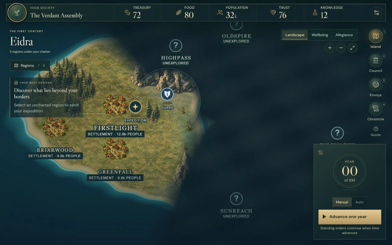 The running Utopia Experiment shows the Verdant Assembly’s founding settlements on its procedurally generated island.